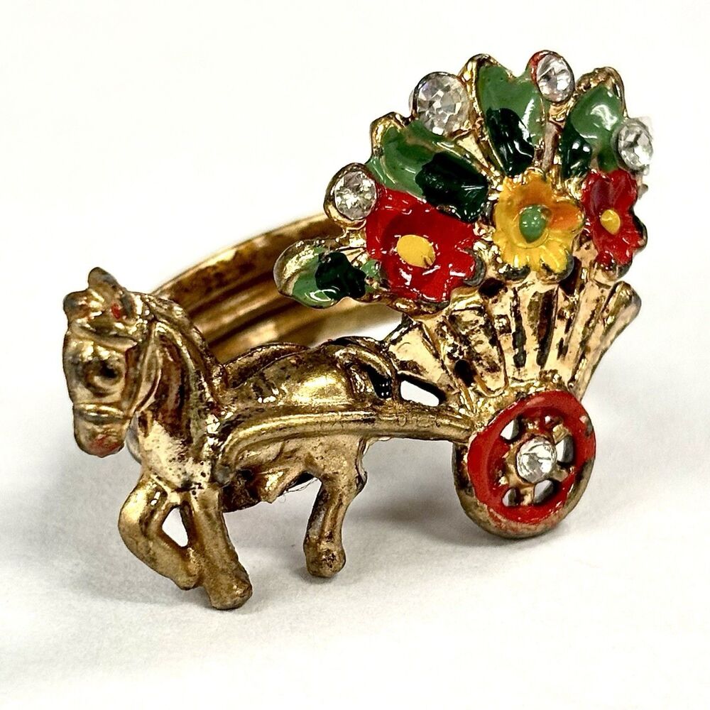 Vintage Scarf Ring Holder Figural Horse Flower Cart Rhinestone Enamel Gold Tone
